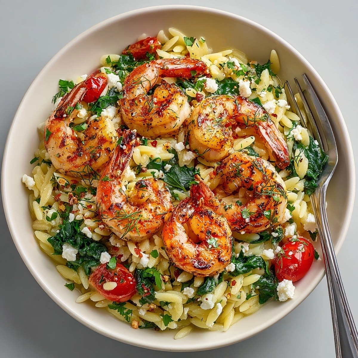 Mediterranean Lemon Feta Orzo with Roasted Shrimp garnished with fresh dill and lemon wedges for a spring meal.