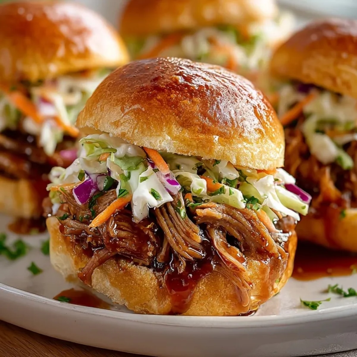 Juicy Rebel Float Root Beer Braised Pork Sliders topped with crunchy coleslaw on toasted buns.