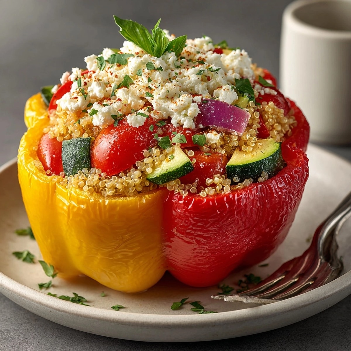 Close-up of Mediterranean Quinoa Stuffed Bell Peppers with colorful herbs and melty feta, ready to serve.