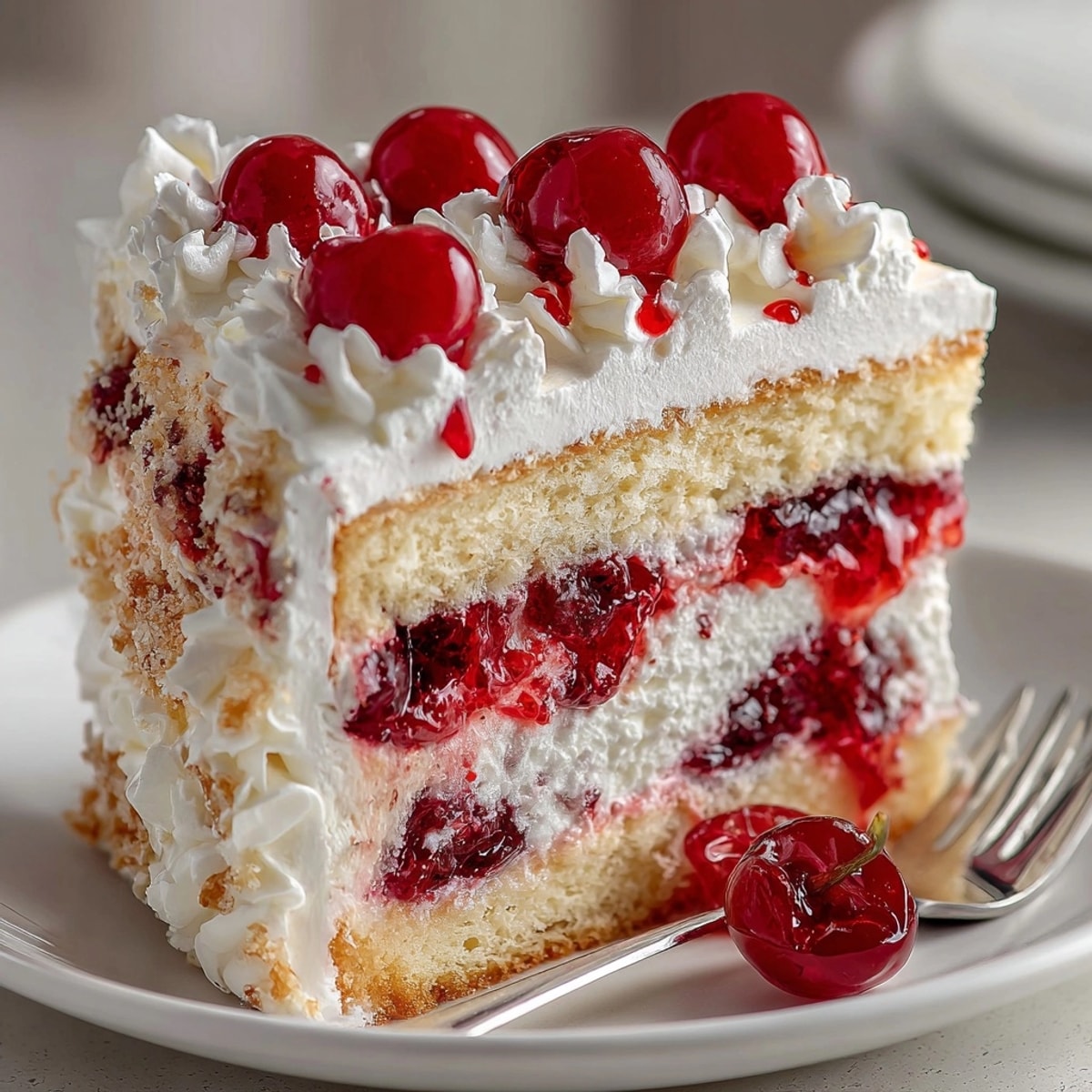 Rebel Float Cherry Soda Cake, a fluffy dessert with cherry syrup and whipped topping, ready to serve.