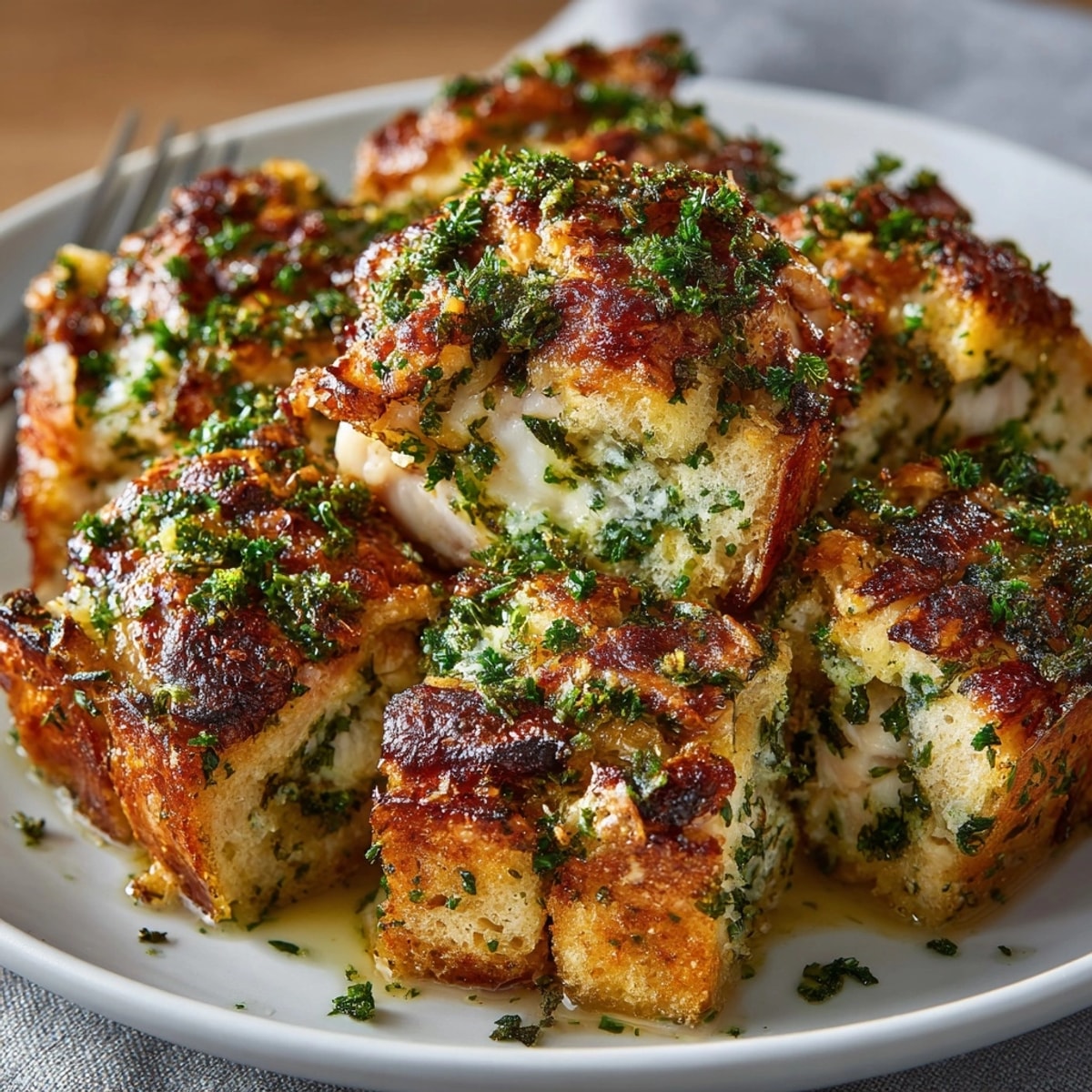 Golden-brown Stuffing-Crusted Chicken Thighs sit on a baking sheet, perfect for a flavorful weeknight dinner.