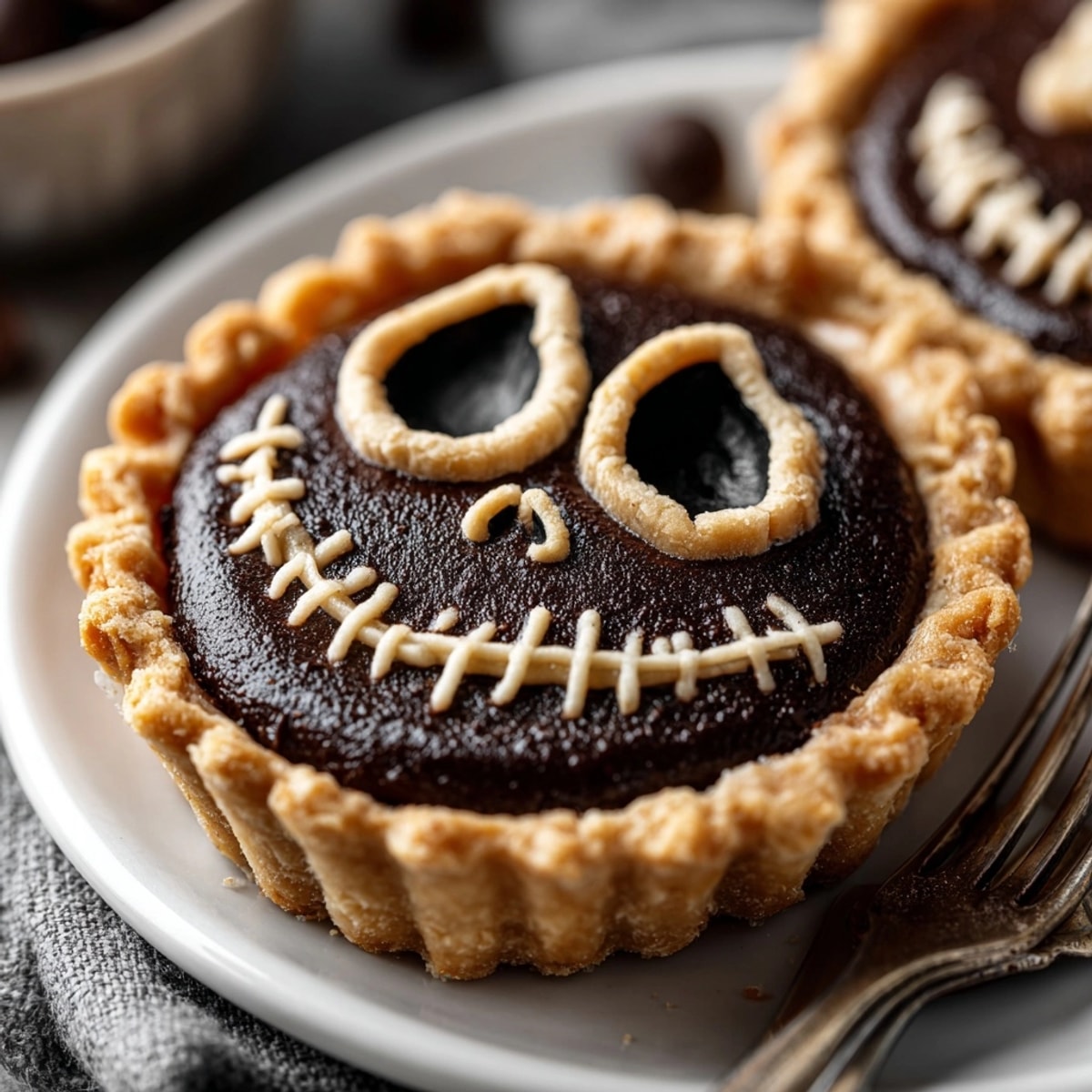 Rich, dark Jack Skellington Pie with a flaky crust and chocolatey filling.