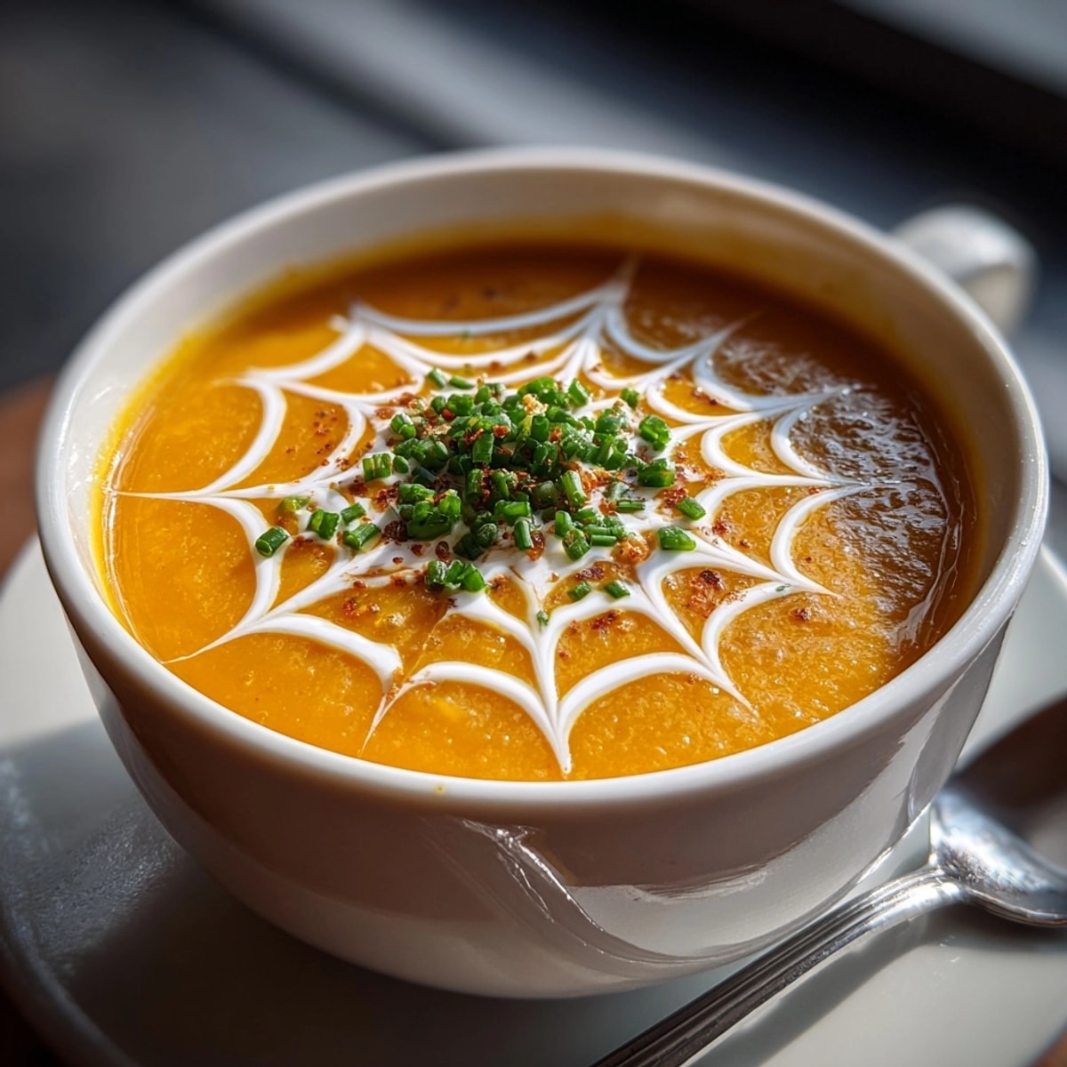Homemade Spiderweb Split Pea Soup, a luscious green purée ready for Halloween entertaining.