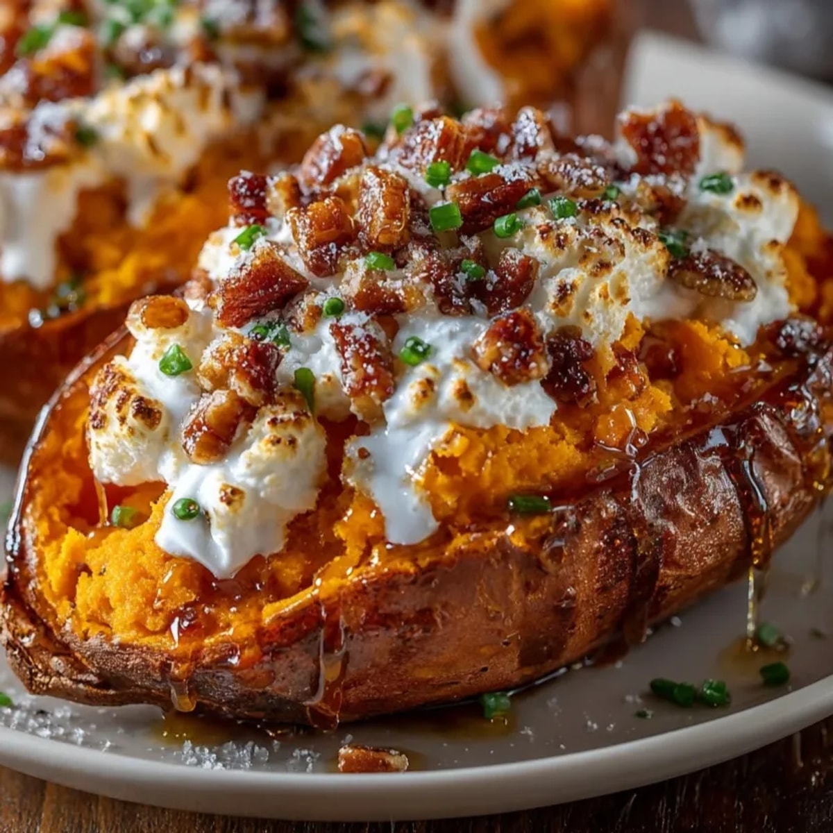 Golden baked Loaded Sweet Potato Skins with marshmallow drizzle, a gooey, cheesy delight.