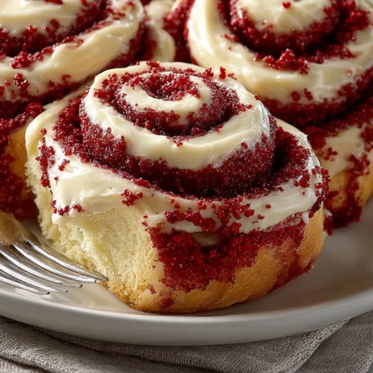 Warm, gooey Red Velvet Cinnamon Rolls slathered with tangy cream cheese frosting, ready to enjoy.