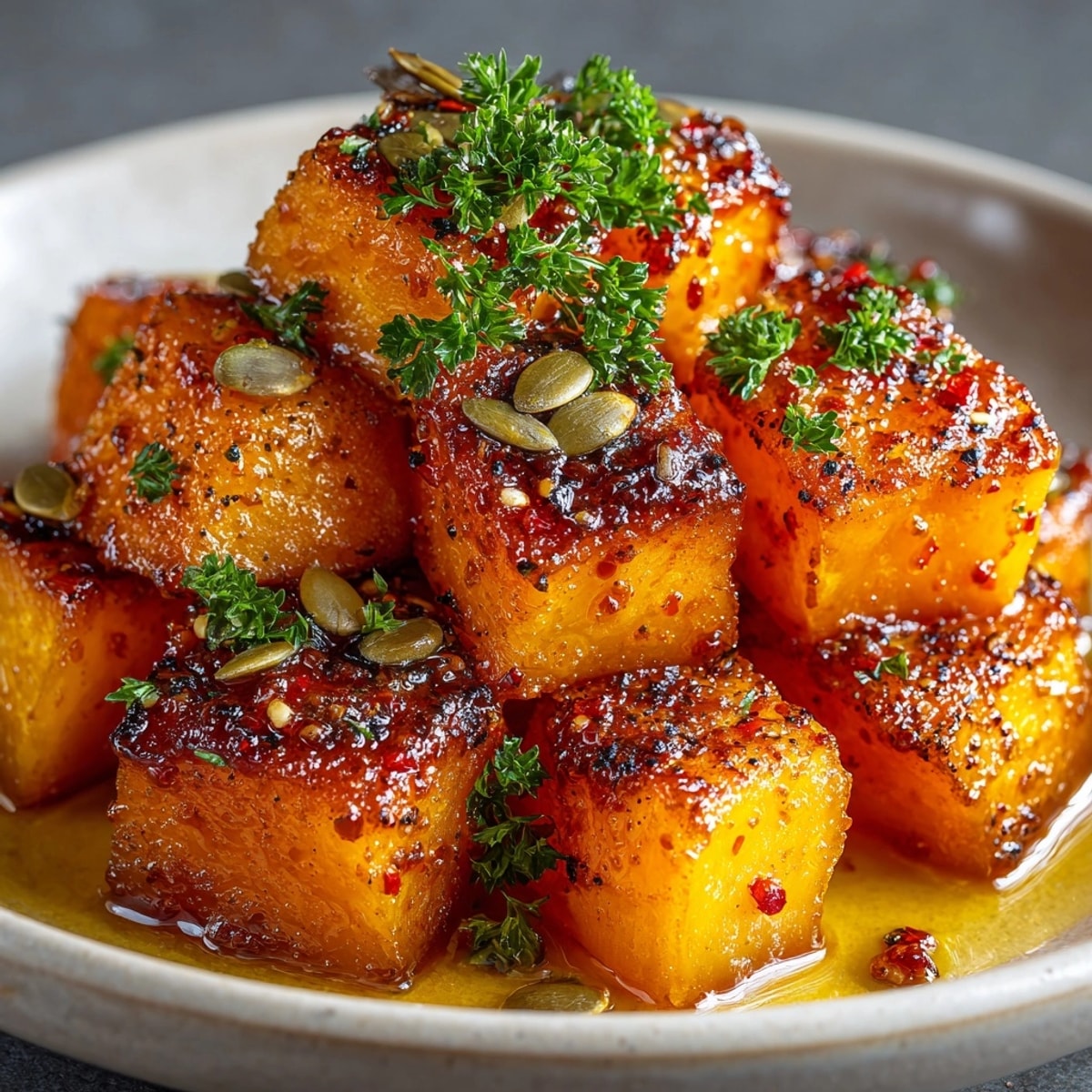 Golden Hot Honey Roasted Butternut Squash cubes, glistening with sweet chili glaze.