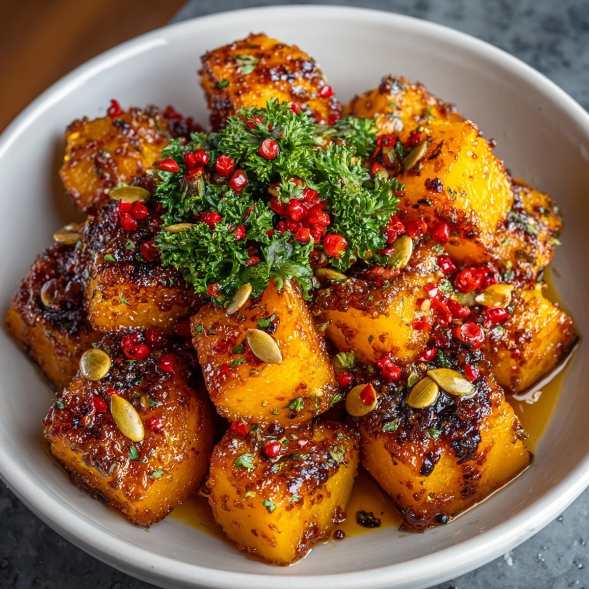 Serving suggestion: Hot Honey Roasted Butternut Squash garnished with parsley; a warm, comforting side.