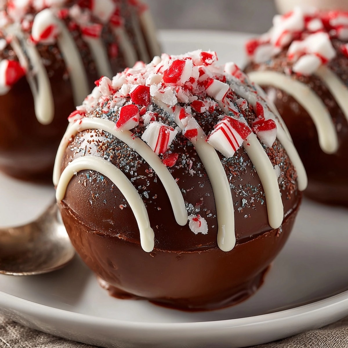 Steaming mug shows a dissolved Hot Cocoa Bomb with peppermint, promising a festive treat.