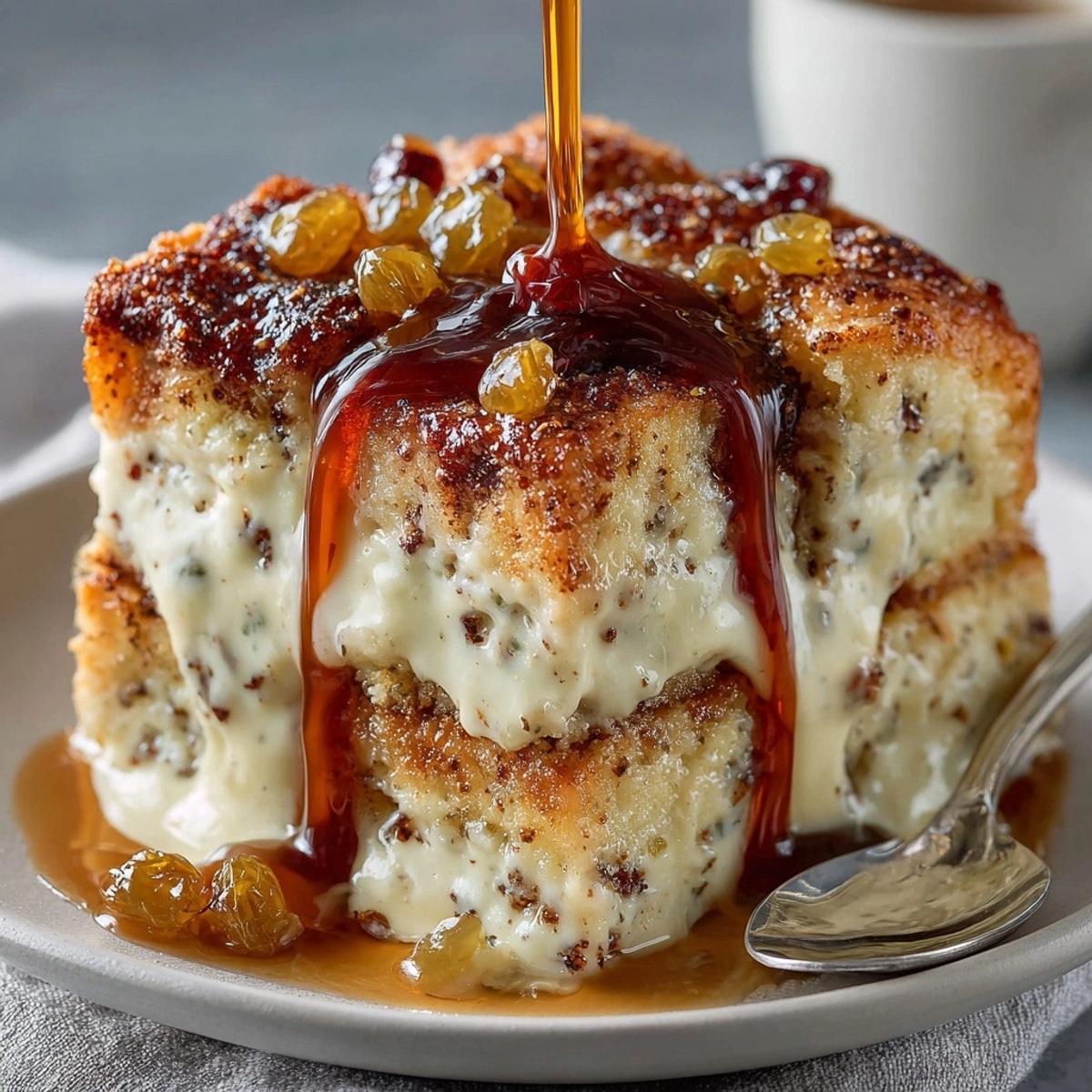 Golden Eggnog Bread Pudding with Rum Sauce, fresh from the oven and ready to serve.