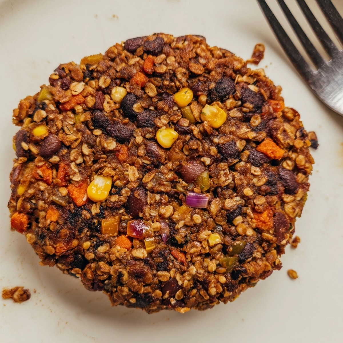 Fragrant, savory pan-fried Veggie Burger Patties showing textures of carrot, beans, and corn.