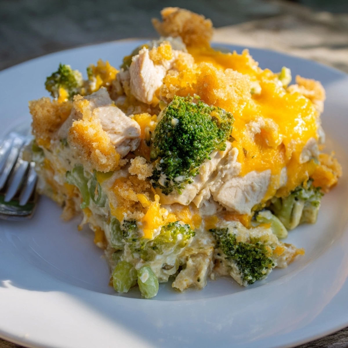 Golden-brown Broccoli Cheddar Chicken Casserole, bubbling hot from the oven, ready for dinner.
