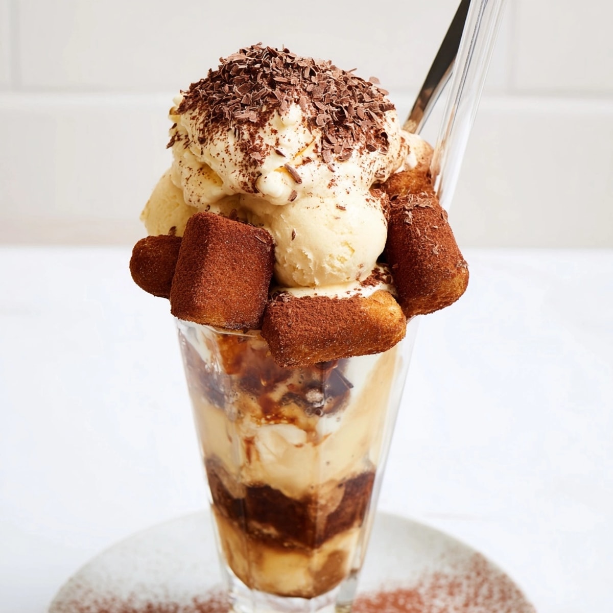 Creamy Tiramisu Float: A layered dessert in a glass, topped with cocoa and chocolate.