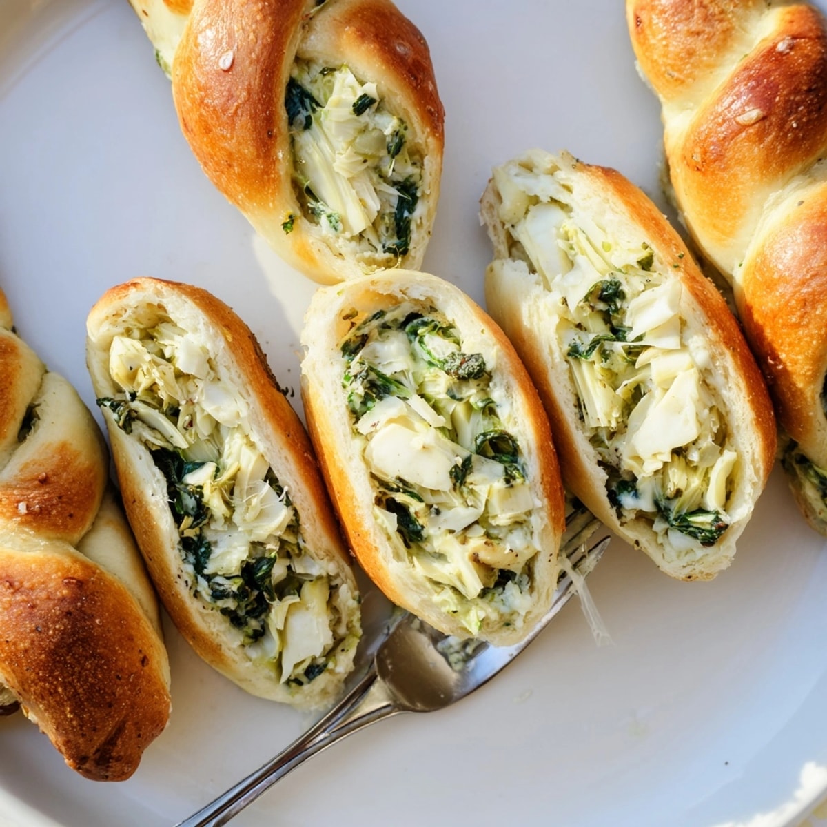 Close-up of a freshly baked Spinach and Artichoke Stuffed Pretzel, sprinkled with coarse salt.