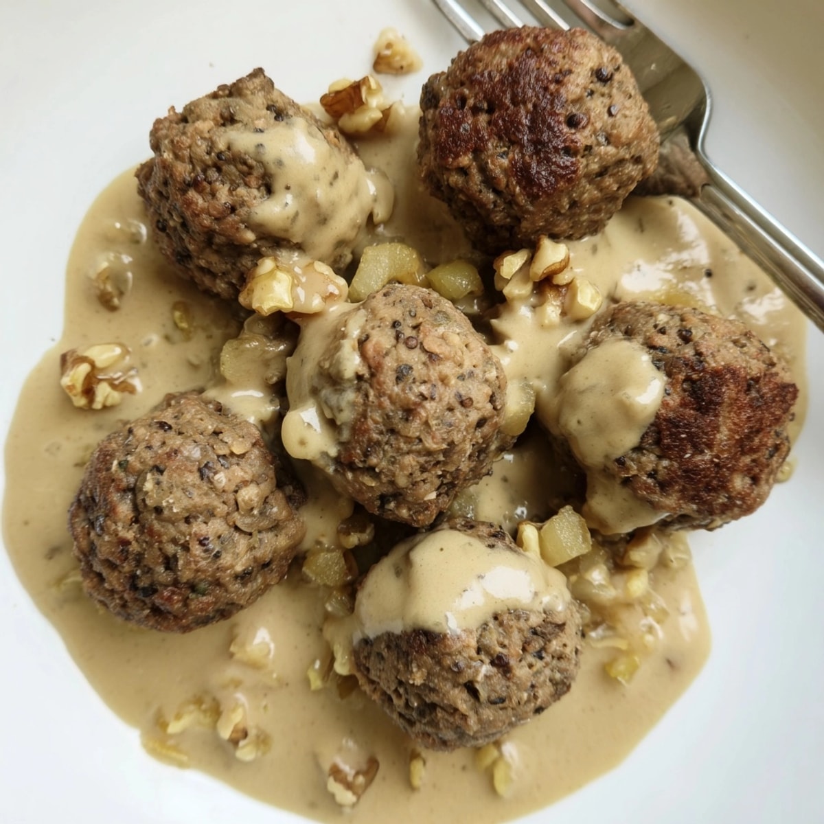 A luscious plate of Vegan Swedish Meatballs with creamy gravy, ready to serve.