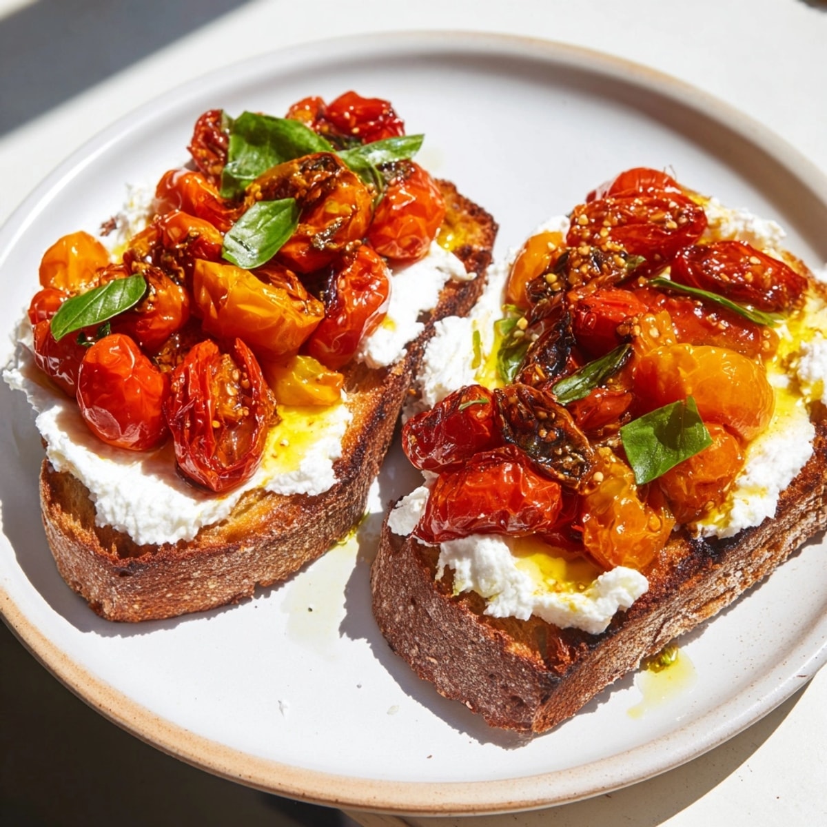 Close-up of Ricotta Roasted Tomato Toasties, warm tomatoes glistening on golden, crusty sourdough.