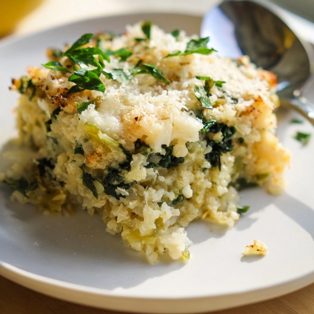 Golden, bubbling Alfredo Cauliflower Rice Casserole, a comfort food dream with cheesy goodness.
