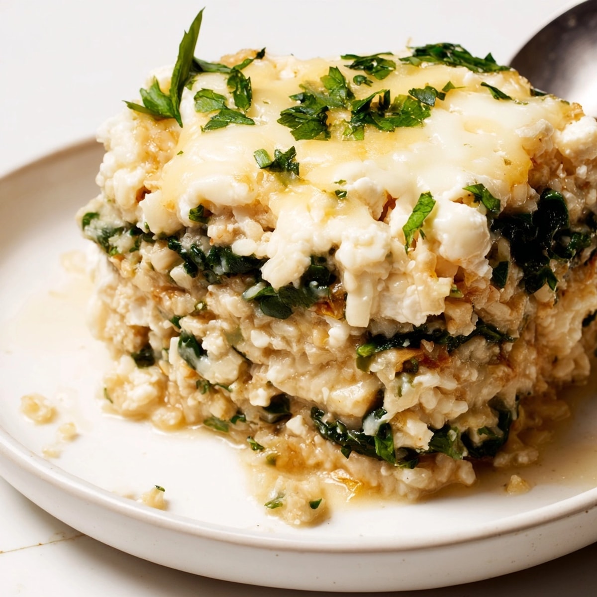 Creamy Alfredo Cauliflower Rice Casserole baking in a dish, topped with melted mozzarella.