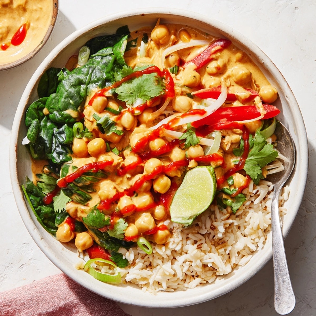Creamy and rich Thai Red Curry Chickpea Bowls simmering on the stove with bell peppers.