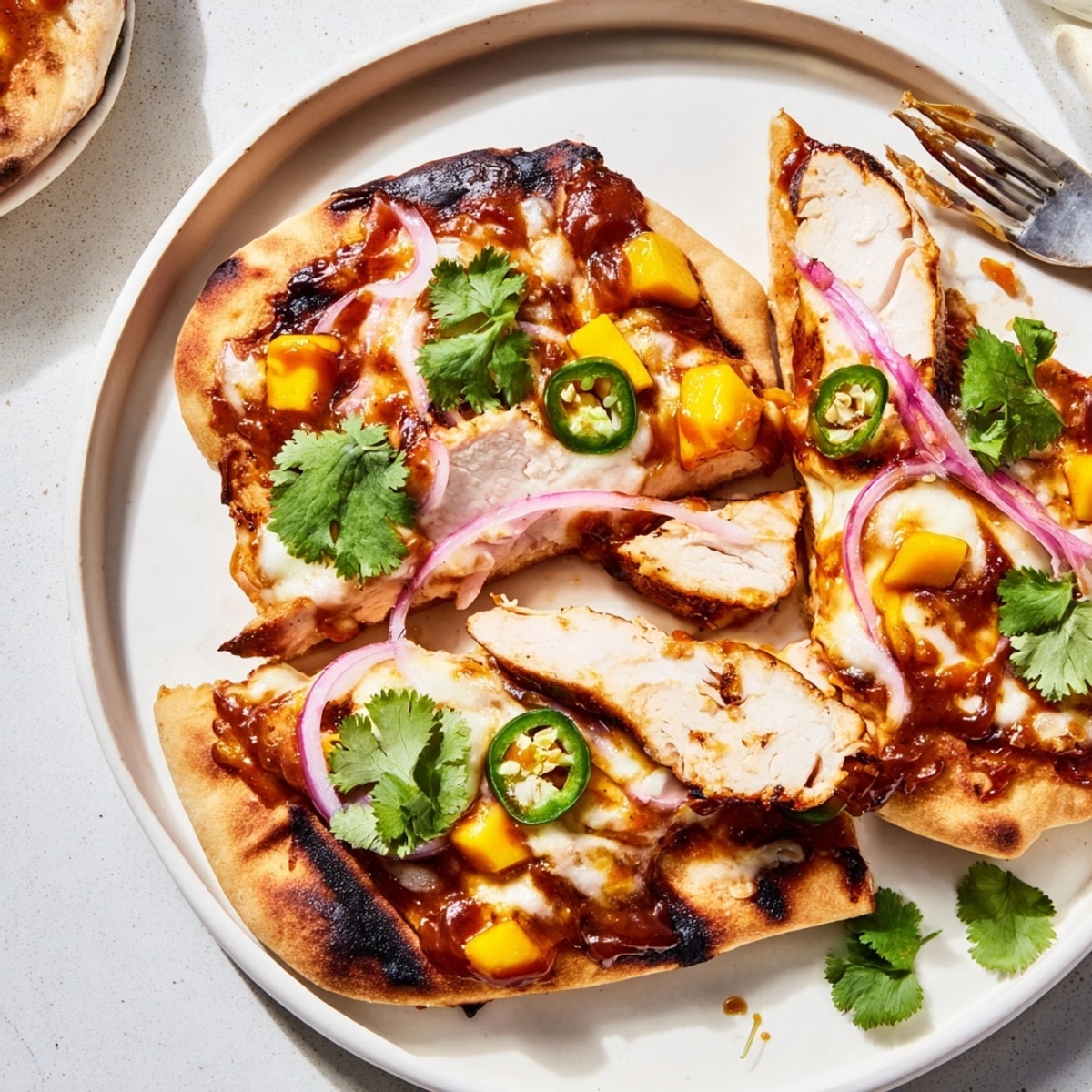 Homemade Mango BBQ Chicken Flatbread: Sweet, tangy mango sauce atop crispy flatbread with chicken.