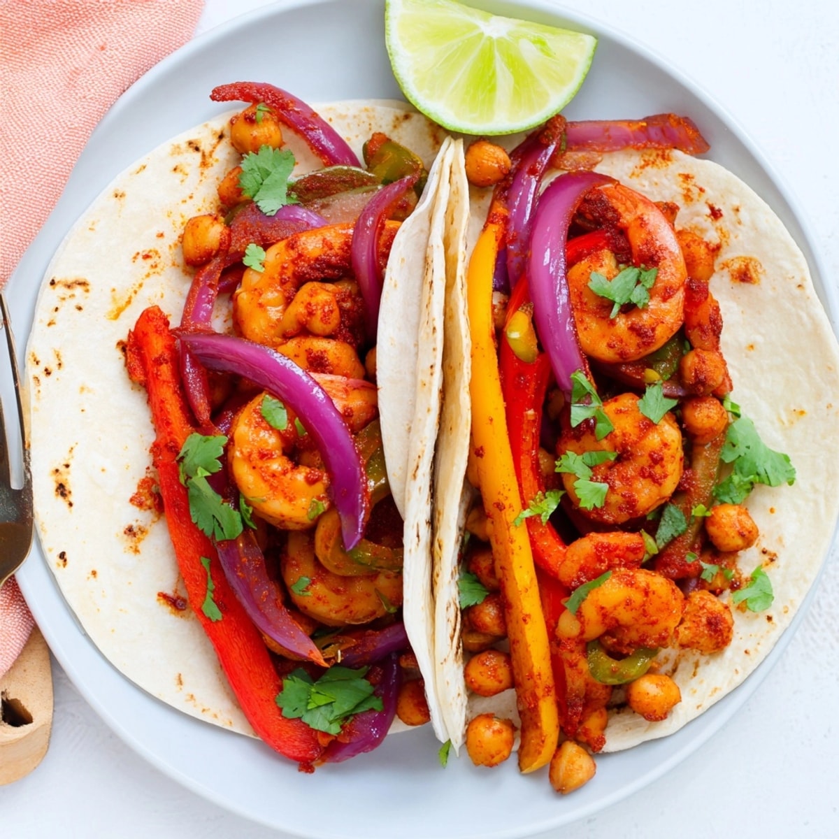 Sheet pan Shrimp & Chickpea Fajitas: Tender shrimp, colorful peppers sizzling on pan.