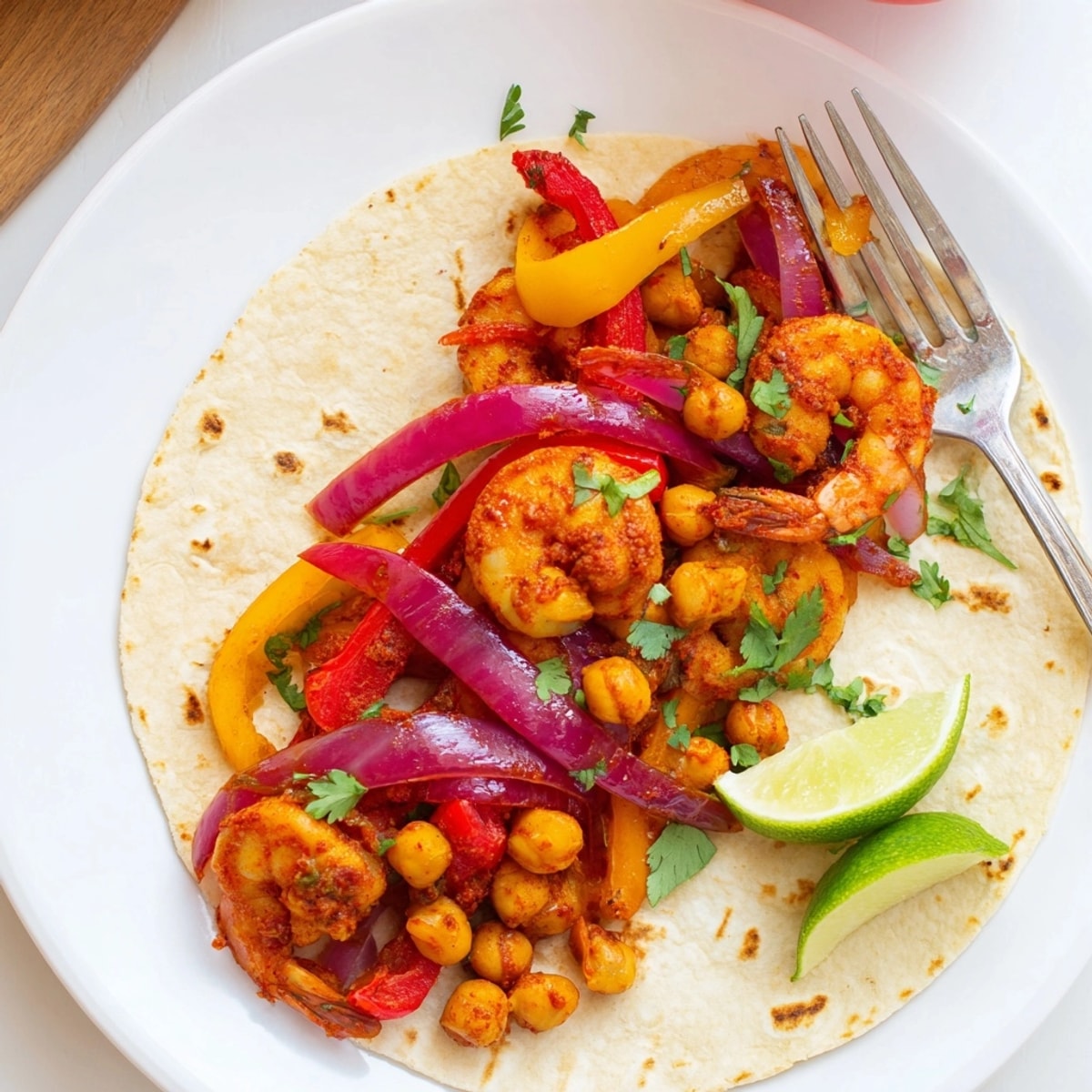 Vibrant Shrimp & Chickpea Sheet Pan Fajitas, bursting with spices, ready to serve.