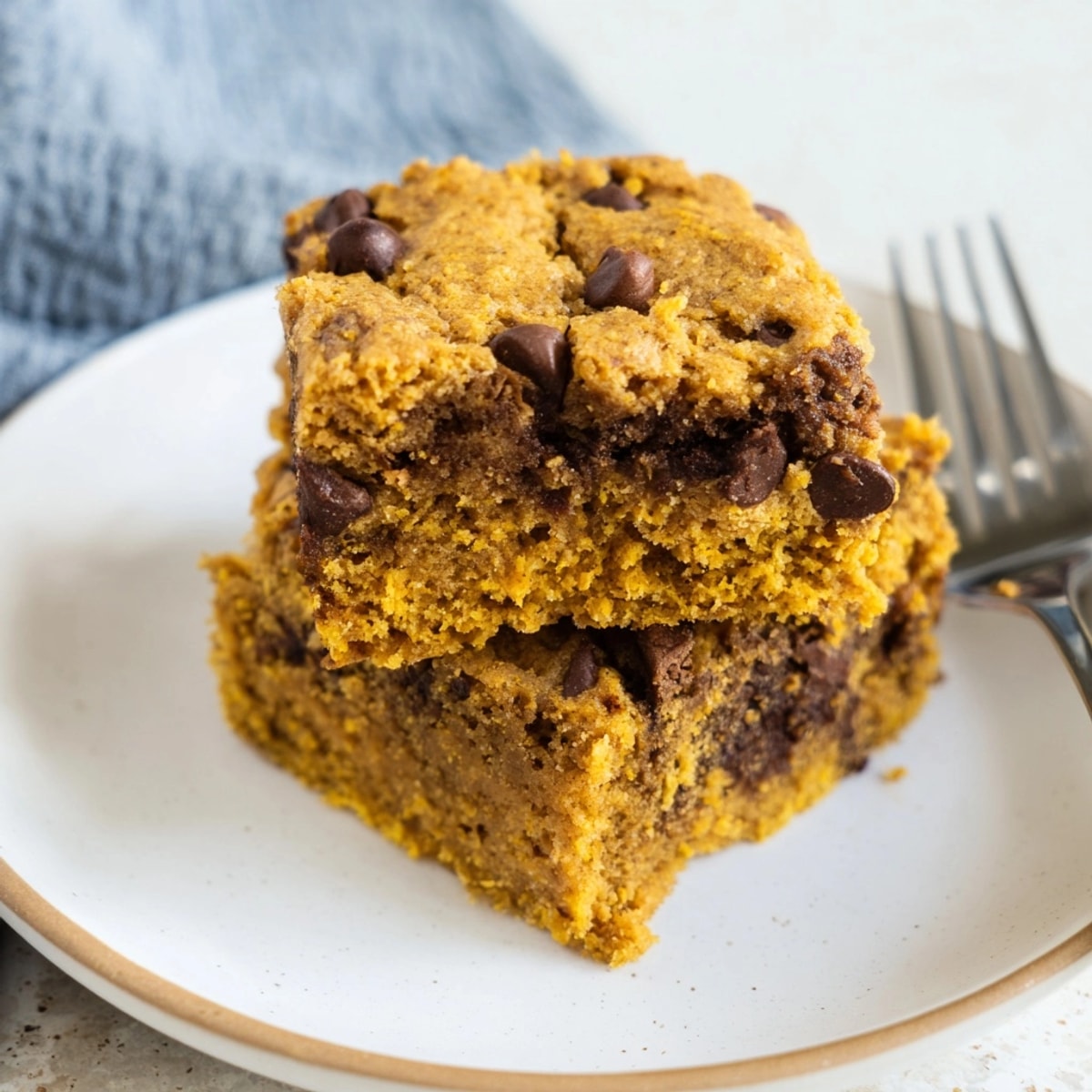 Golden Chocolate Pumpkin Chip Blondies: chewy squares with melted chocolate chunks, ready to serve.