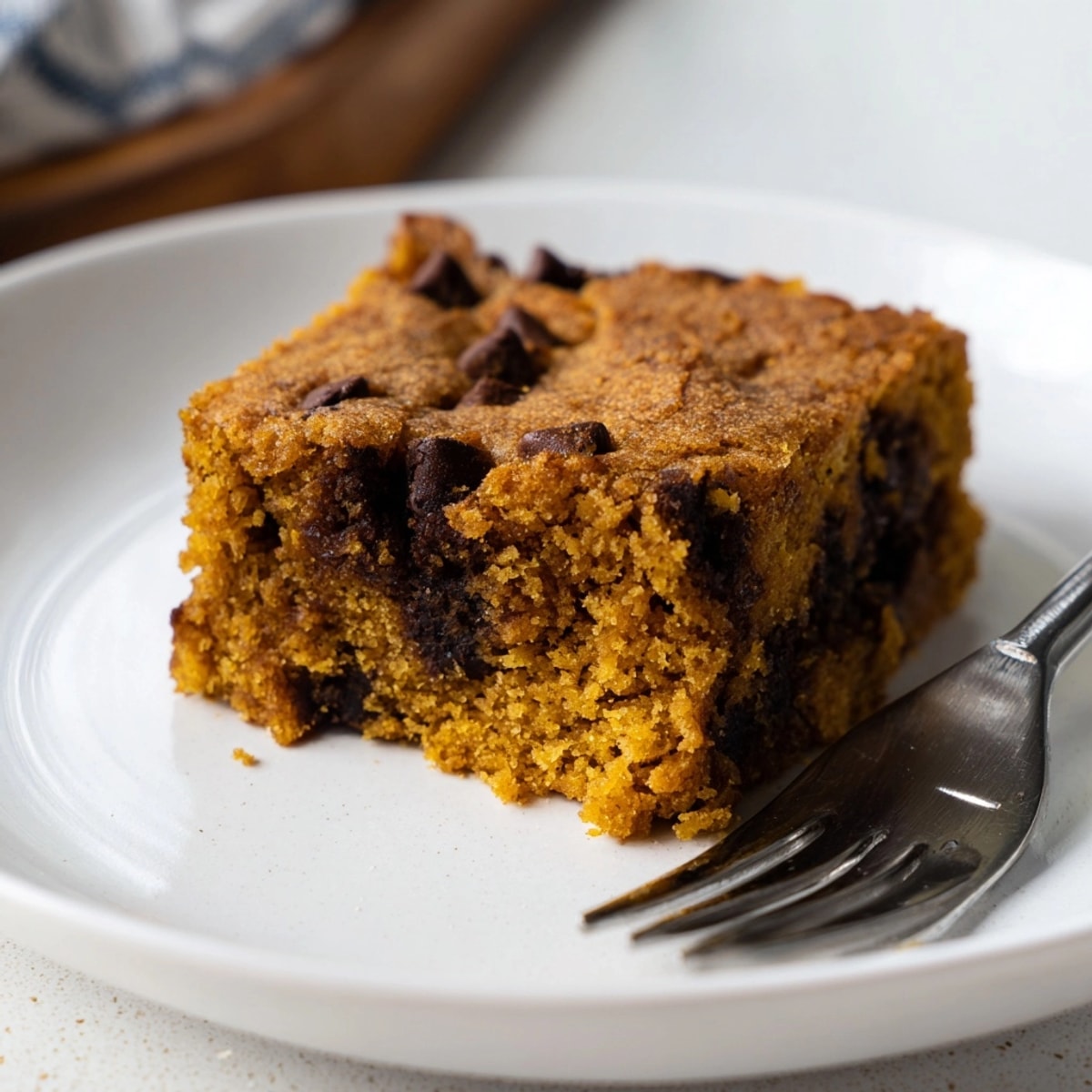 A close-up shows moist Chocolate Pumpkin Chip Blondies with glistening melted chocolate.