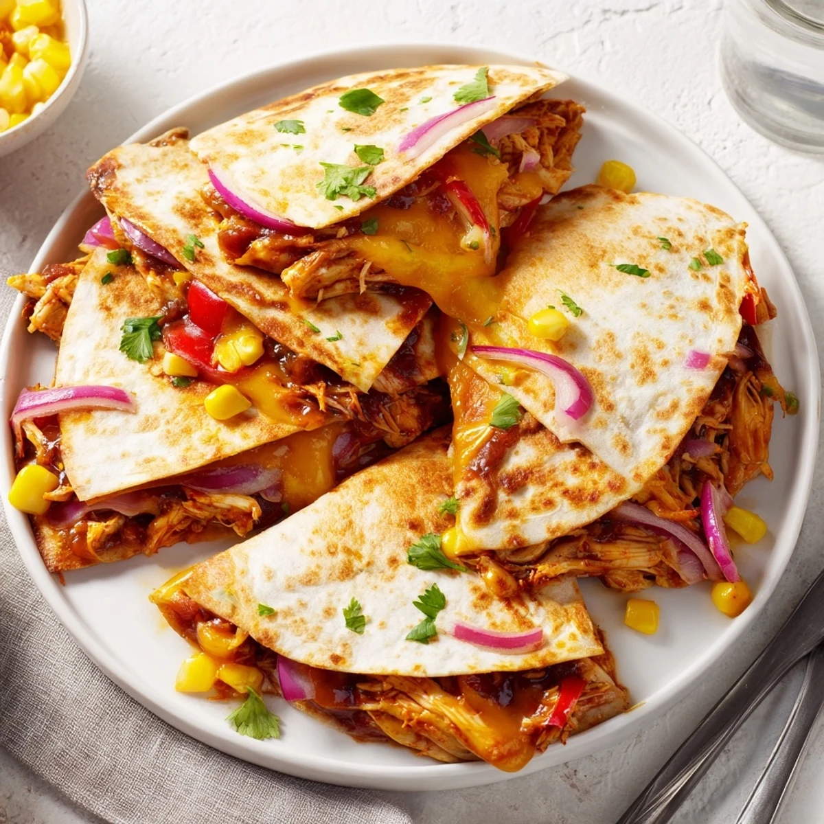BBQ Chicken Quesadillas served hot, filled with gooey cheese and smoky chicken.