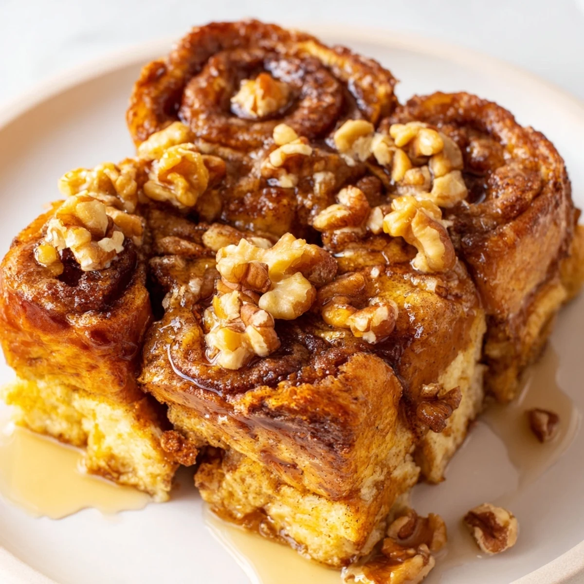 Decadent Cinnamon Roll French Toast Bake drizzled with cream cheese icing and nuts.