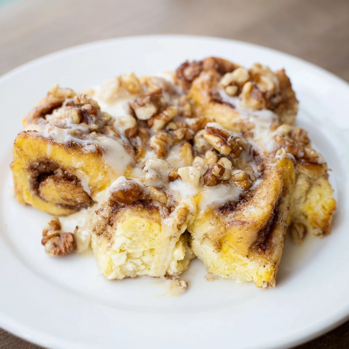 Fluffy pieces of cinnamon rolls baked in rich custard for a delicious breakfast.
