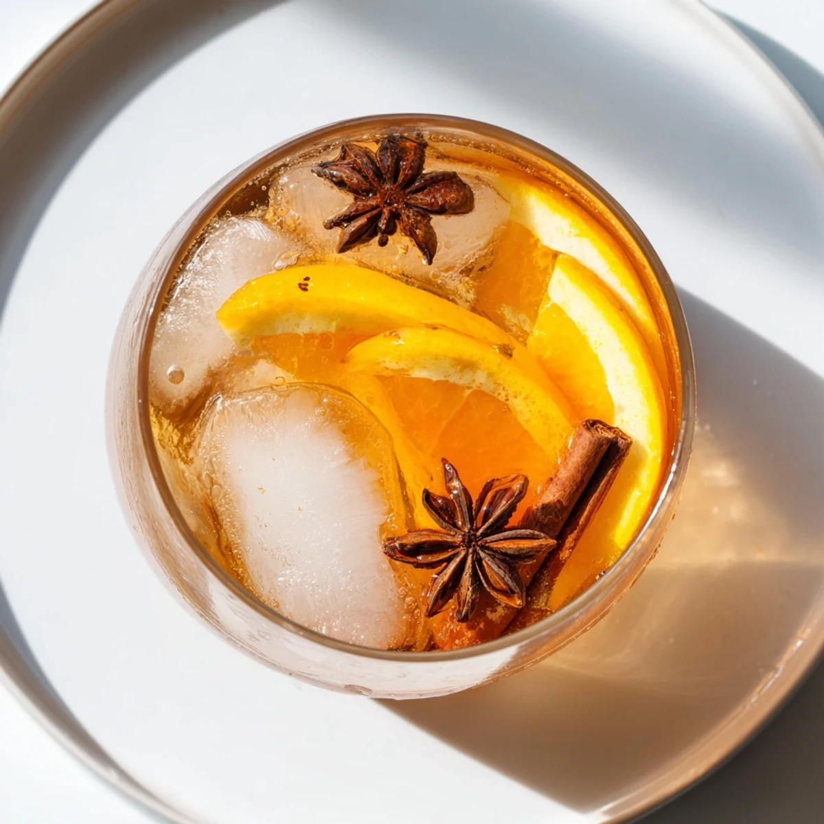 Sparkling chai fizz garnished with orange slices and cinnamon sticks for a festive touch.