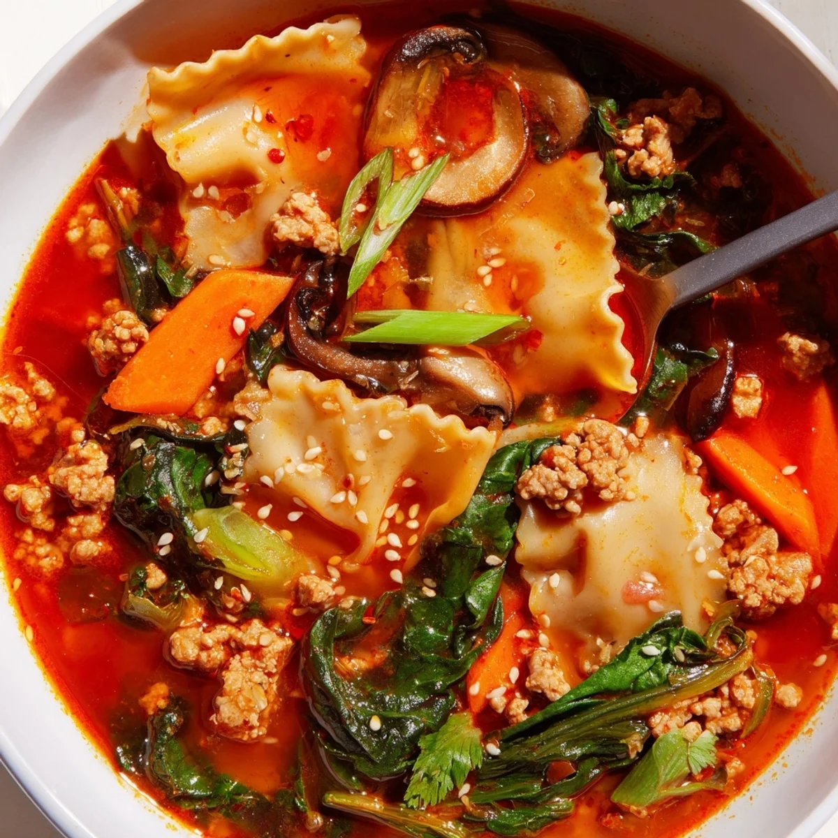Spicy Ramen-Inspired Lasagne Soup served steaming hot with vibrant, fresh toppings.