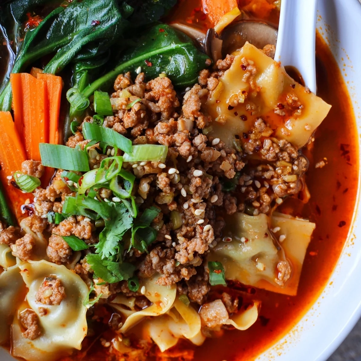 Comforting Spicy Ramen-Inspired Lasagne Soup brimming with savory flavors and textures.