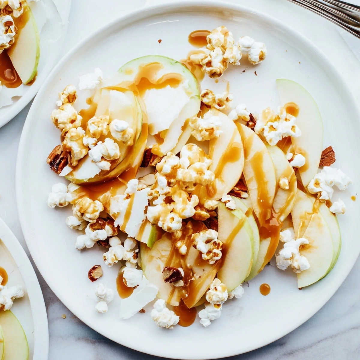 Colorful apple slices layered with caramel and popcorn, perfect for dessert lovers.