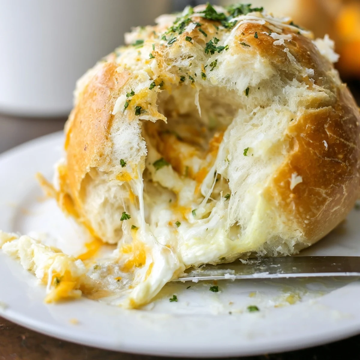 Gooey mozzarella and cheddar cheese oozing from warm, freshly baked stuffed dinner rolls.