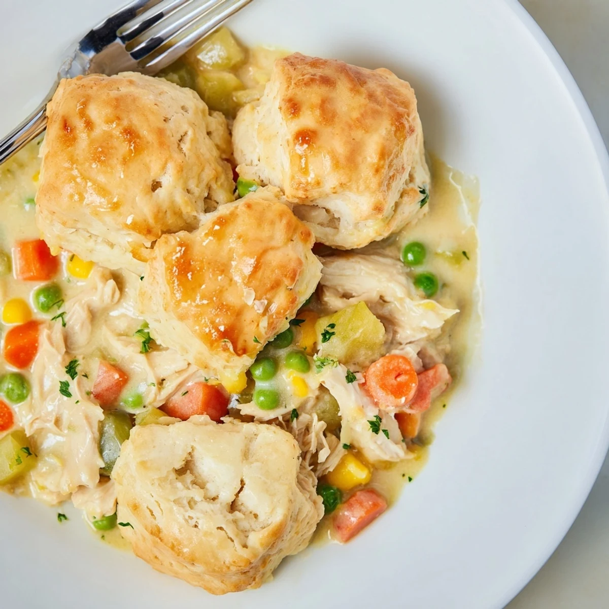 Comforting Cozy Chicken & Biscuit Pot Pie topped with golden, flaky biscuits fresh from the oven.