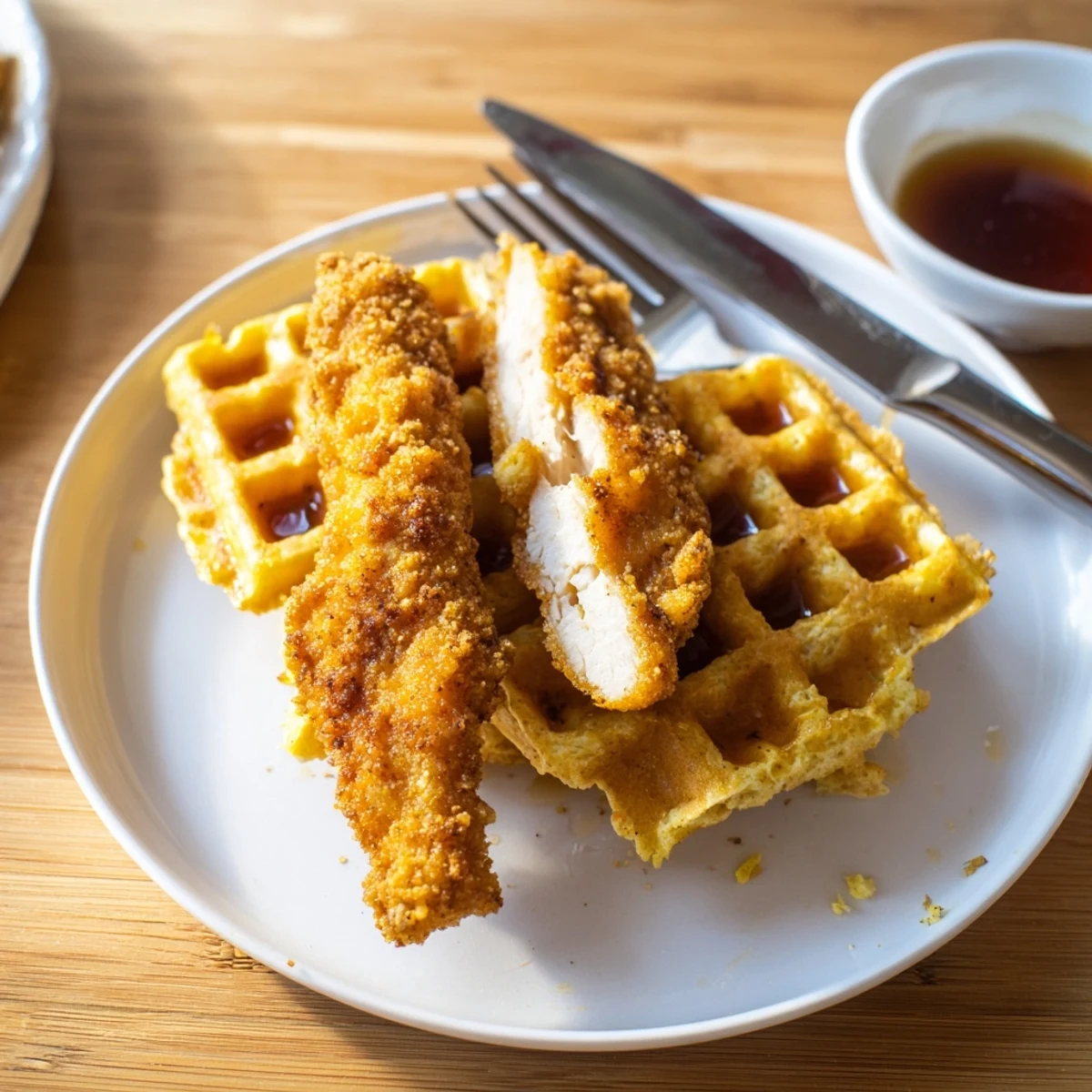 Crispy Chicken Waffle Sticks served with sweet maple syrup for a delightful brunch.