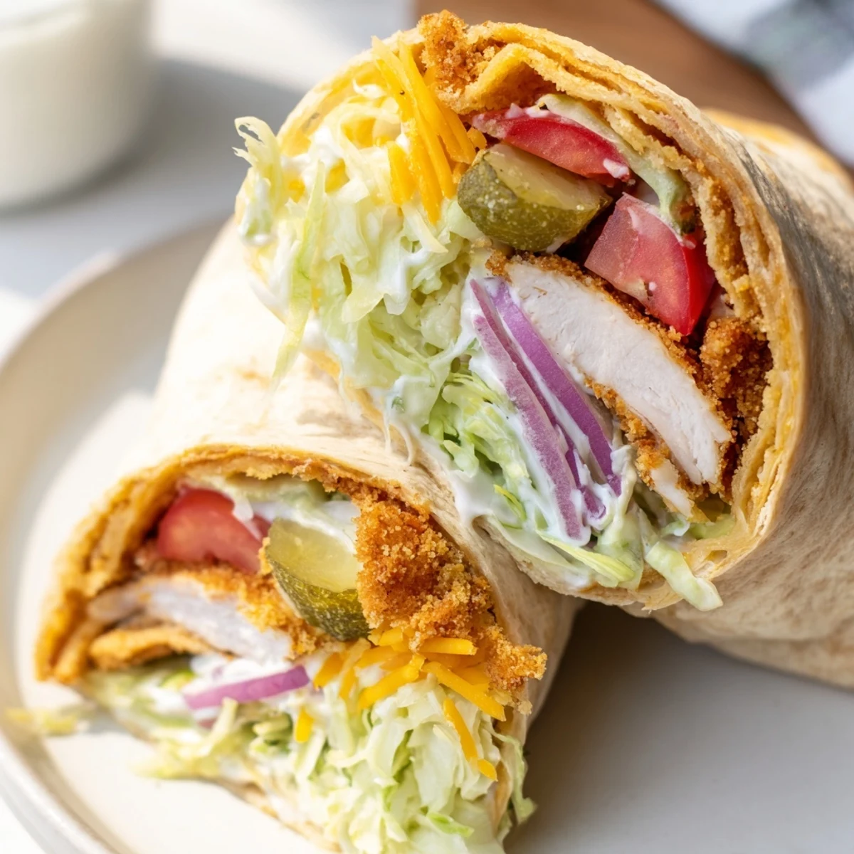 Crispy fried pickle ranch wraps filled with chicken and fresh veggies await you.