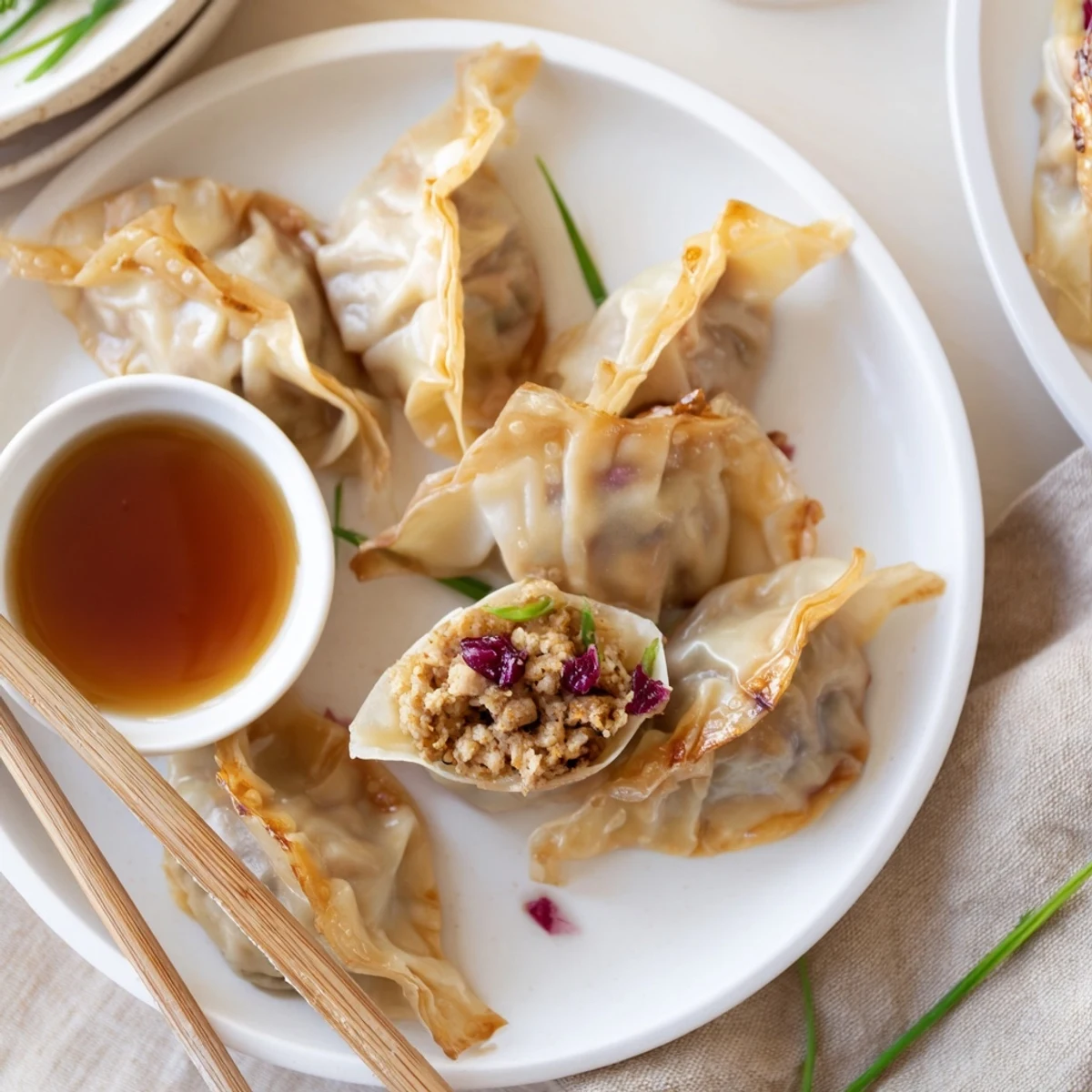 Delightful Thanksgiving turkey pot stickers served warm with a tangy dipping sauce.