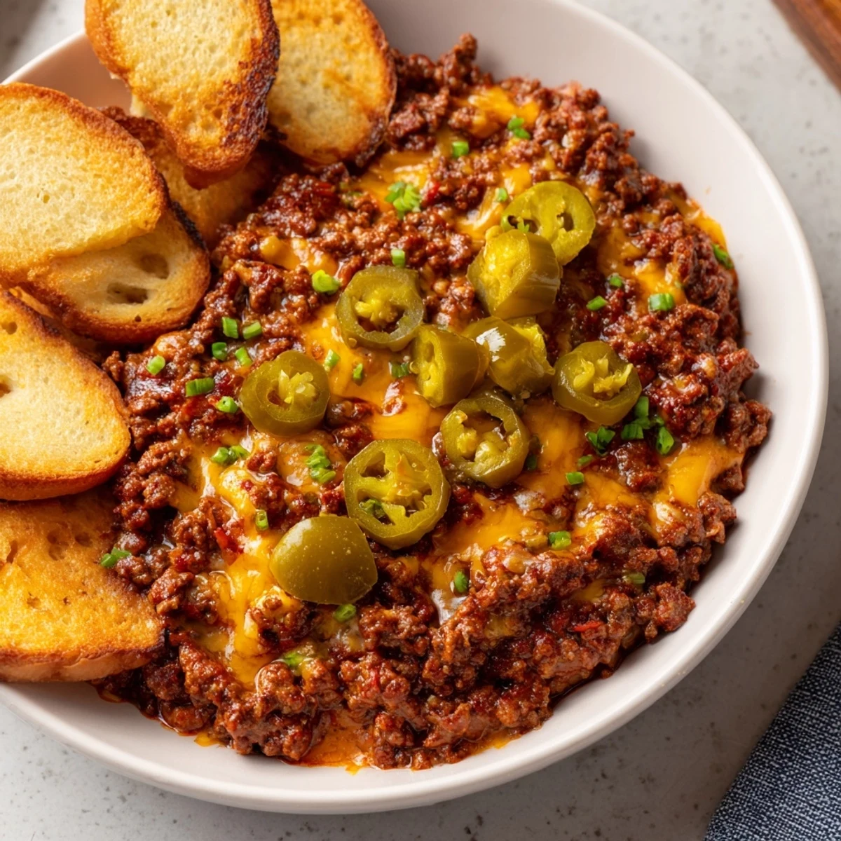 Hearty diner-style Sloppy Joe dip served warm with crispy tortilla chips.