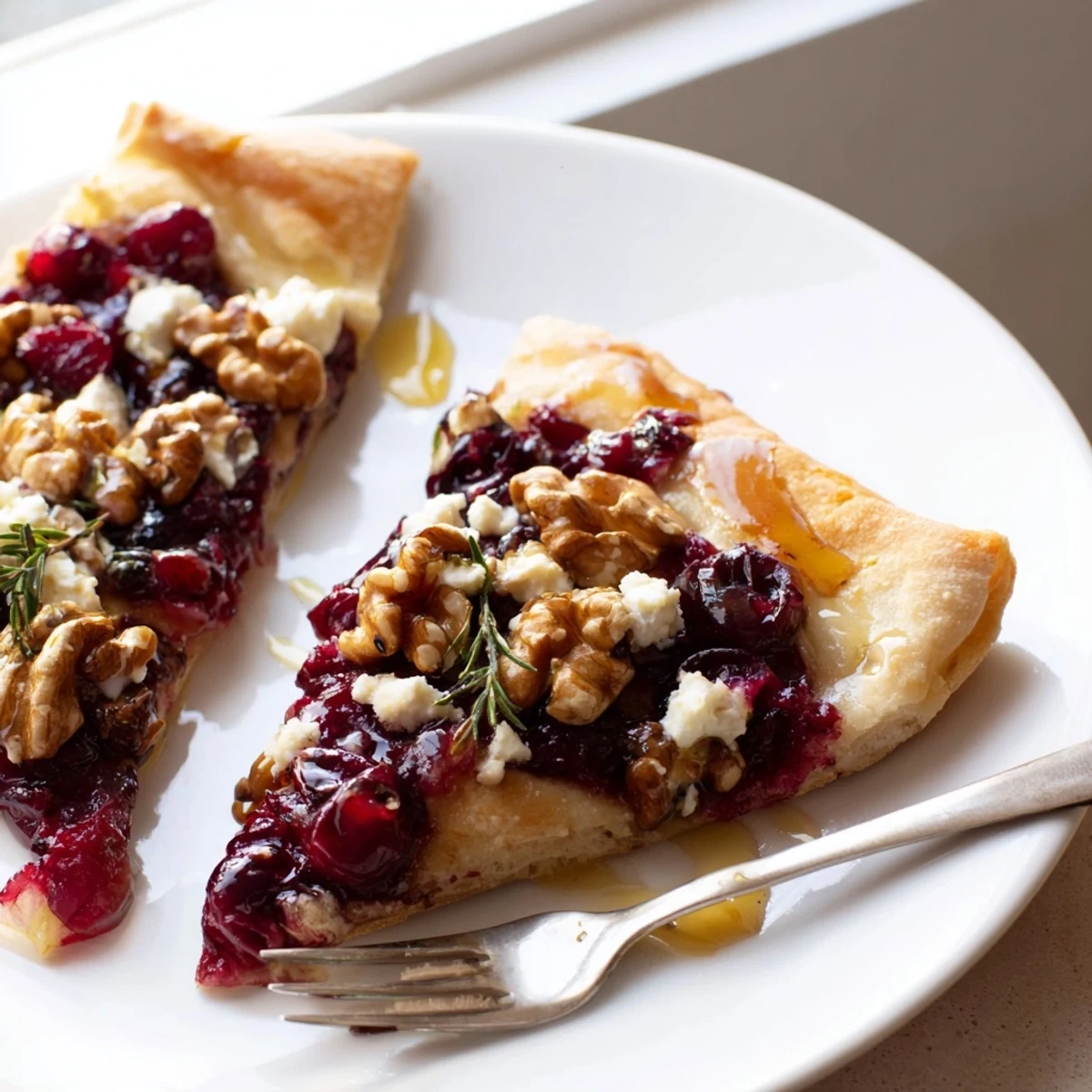 Delicious cranberry walnut flatbread garnished with creamy goat cheese and honey drizzle.