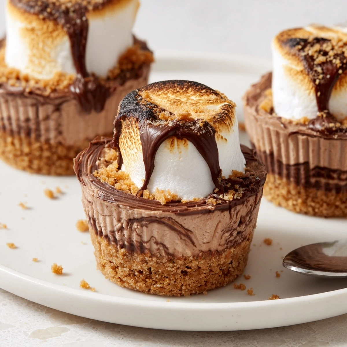 Delicious S’mores Cheesecake Cups topped with toasted marshmallows and chocolate drizzle.
