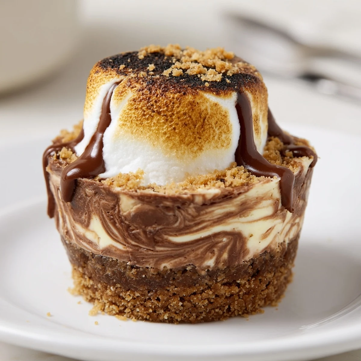 Individual S’mores Cheesecake Cups featuring a graham cracker crust and creamy filling.