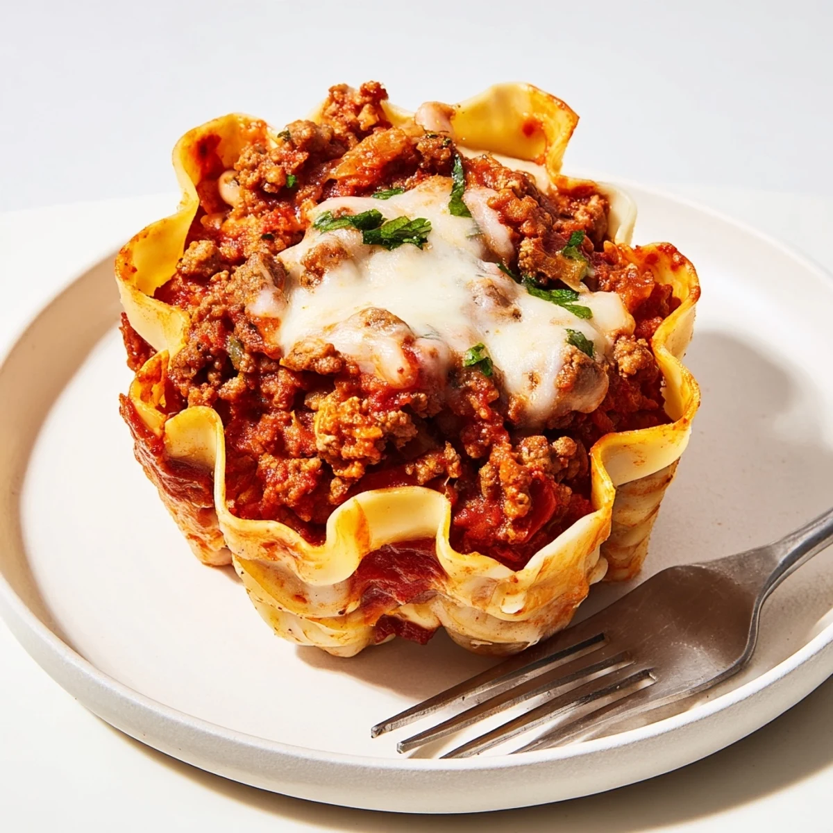 Baked lasagne soup-free pasta cups, bursting with flavors and golden, bubbly cheese.