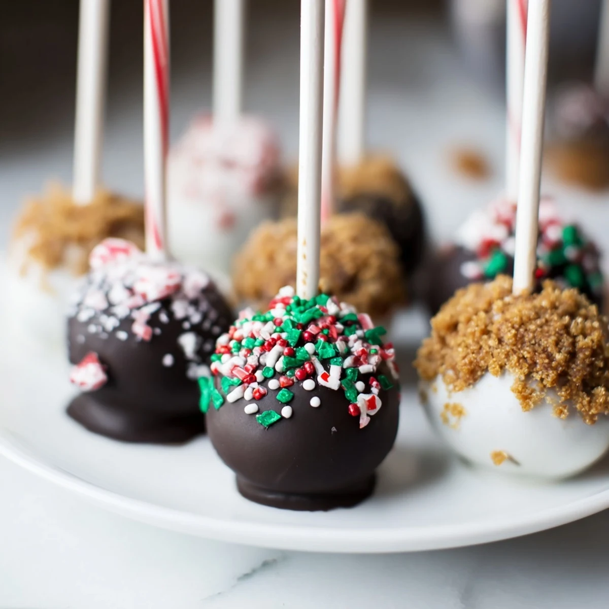 Delicious festive Christmas cookie truffle pops decorated with colorful sprinkles and candy canes.
