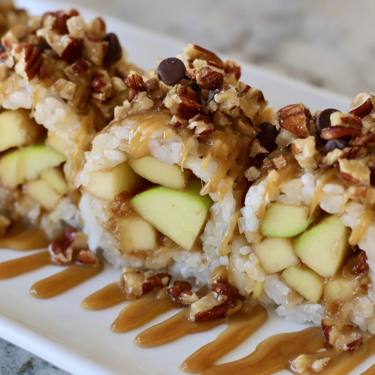 Delicious caramel apple sushi rolls drizzled with rich caramel sauce and nuts.