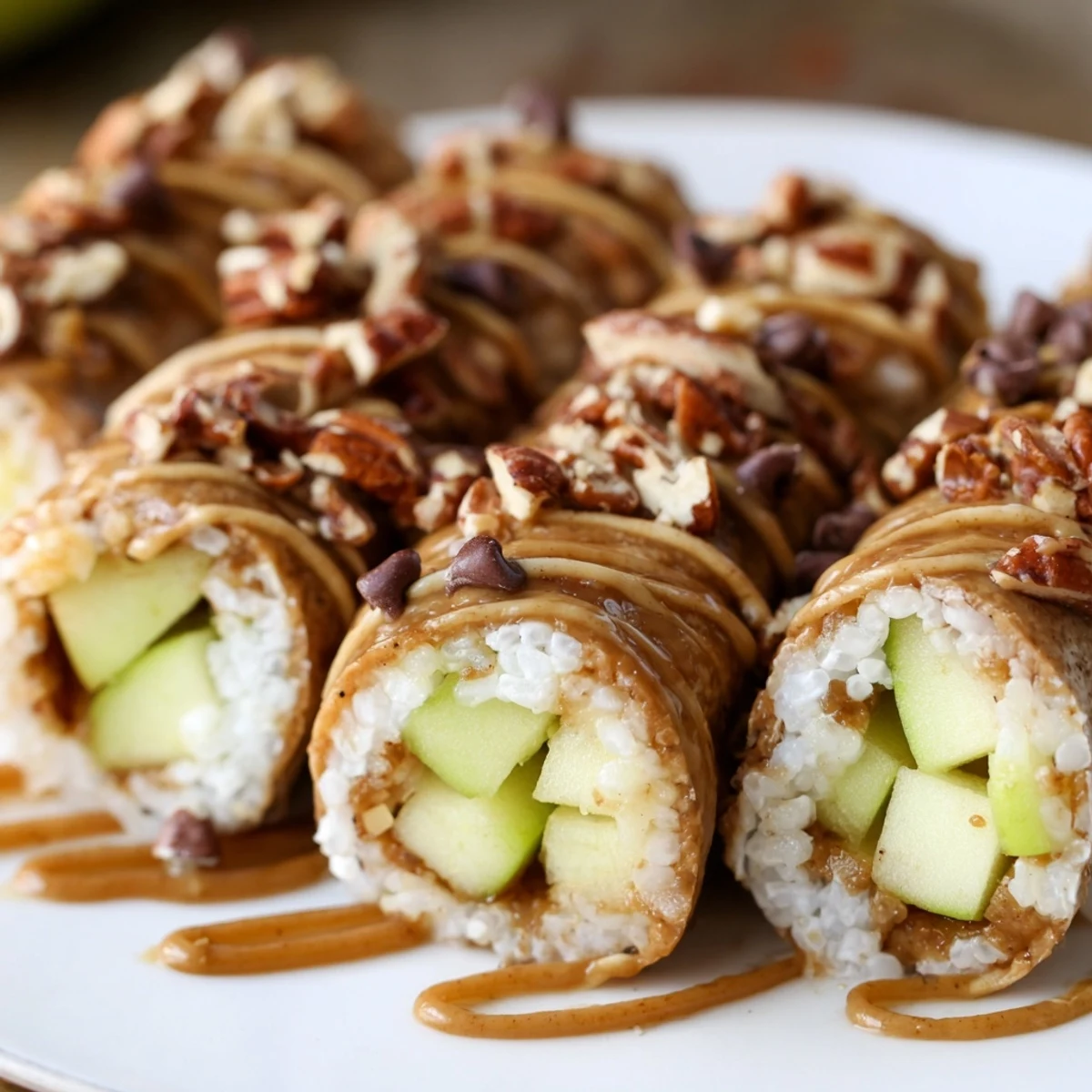 Sweet apple filling and creamy caramel beautifully wrapped in sushi rice rolls.