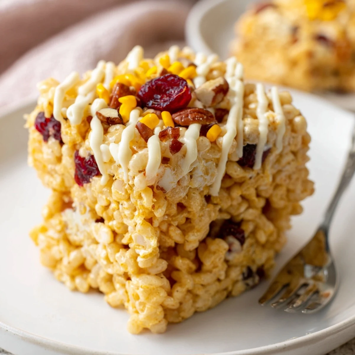 Festive Thanksgiving Rice Krispie Treat Dessert with white chocolate and autumn spices.