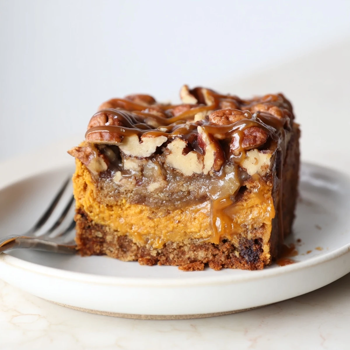 Irresistibly moist pumpkin caramel muffin pie bars drizzled with rich caramel sauce.  
