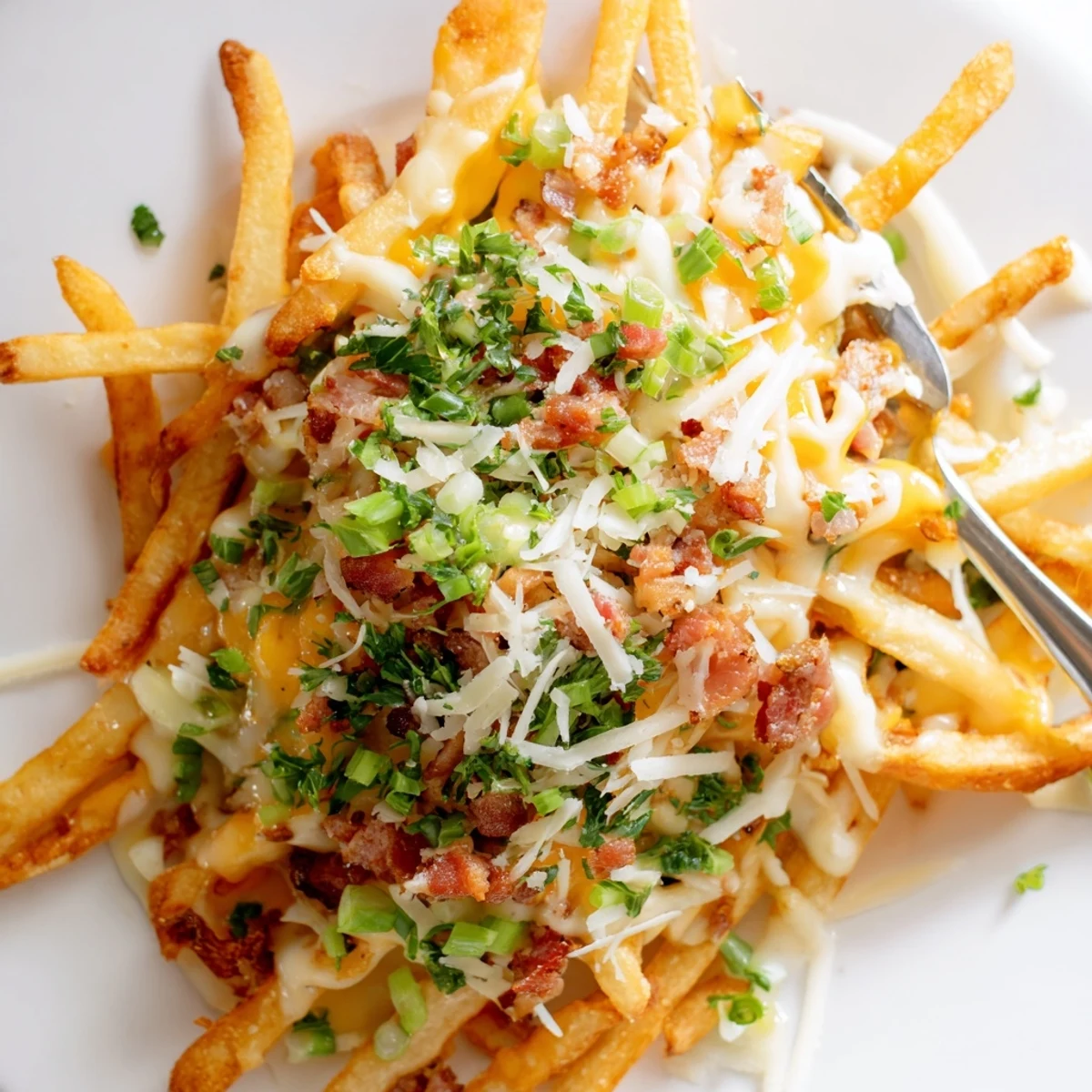 Indulgent truffle oil loaded fries bake, bursting with cheese, bacon, and fresh parsley.